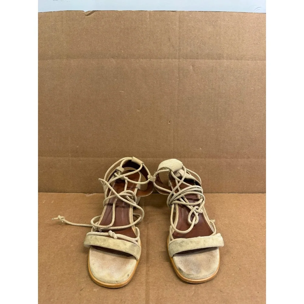 Alohas Sophie Suede Leather Block Heel Strappy Sandals Beige Womens Size 36 EU